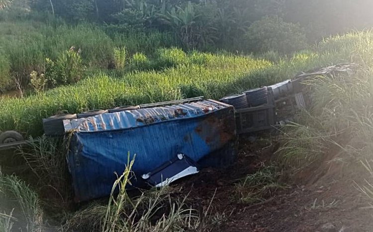 Motorista fica ferido após carreta tombar com contêiner na BR-116 em Leopoldina