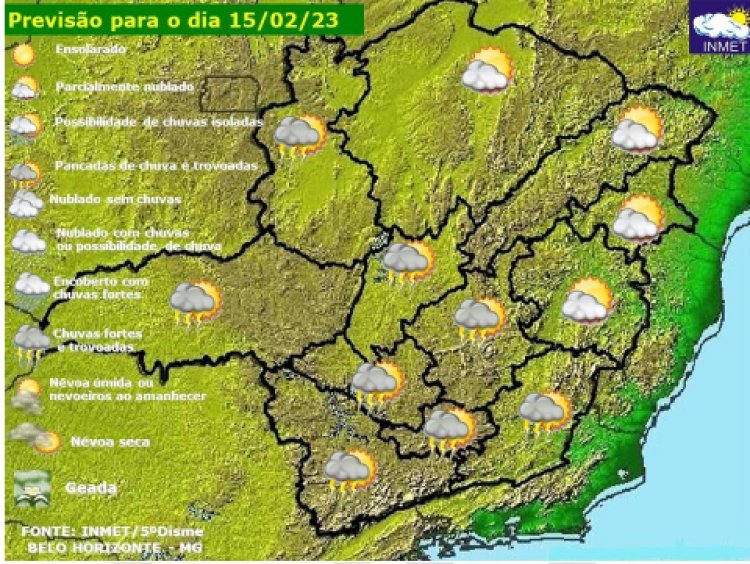 Previsão do tempo para Minas Gerais nesta quarta-feira, 15 de fevereiro
