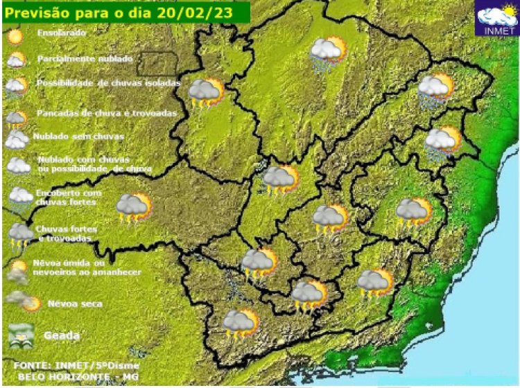 Previsão do tempo para Minas Gerais nesta segunda-feira, 20 de fevereiro